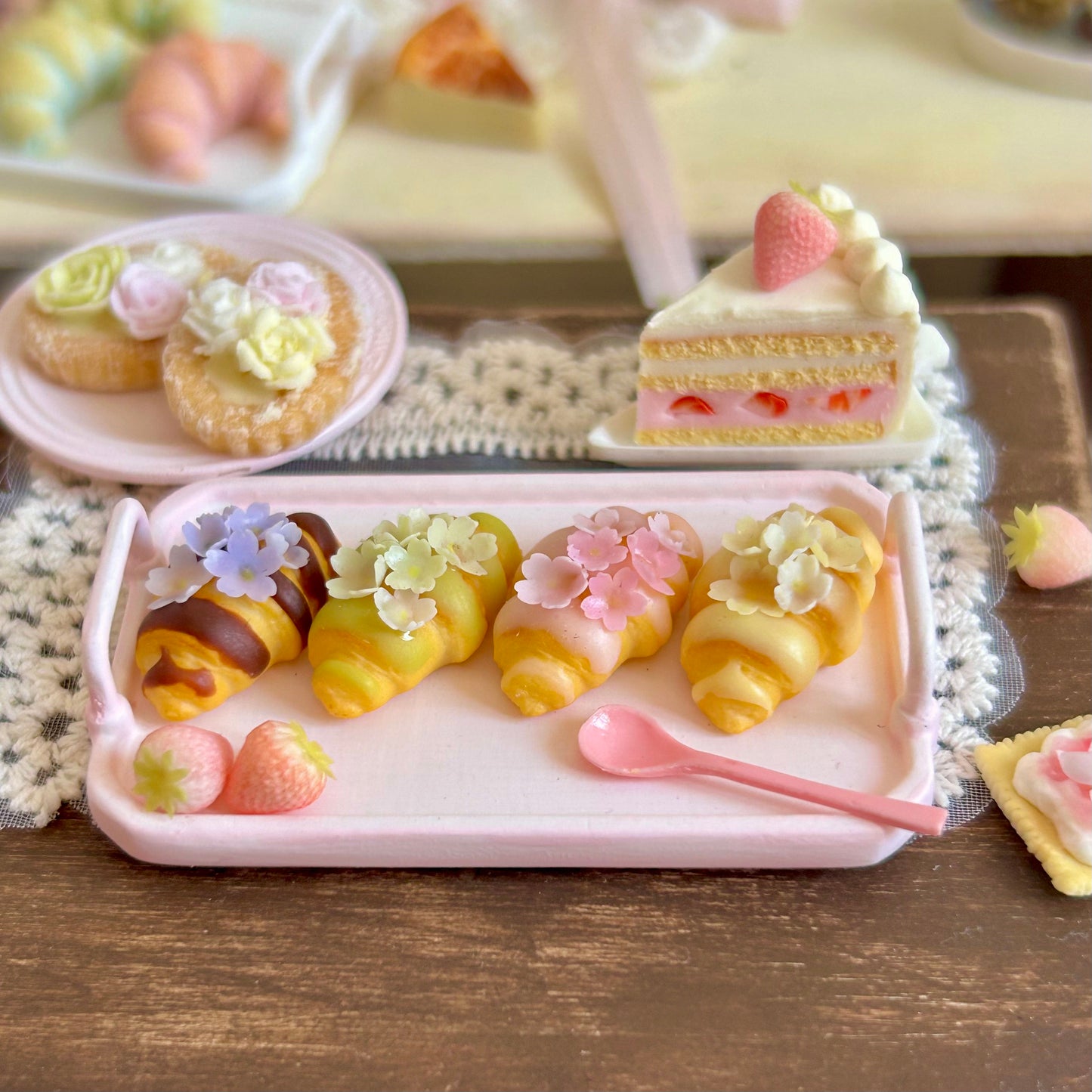 Mini Handmade Croissant Charm with Jam & Sakura Flowers
