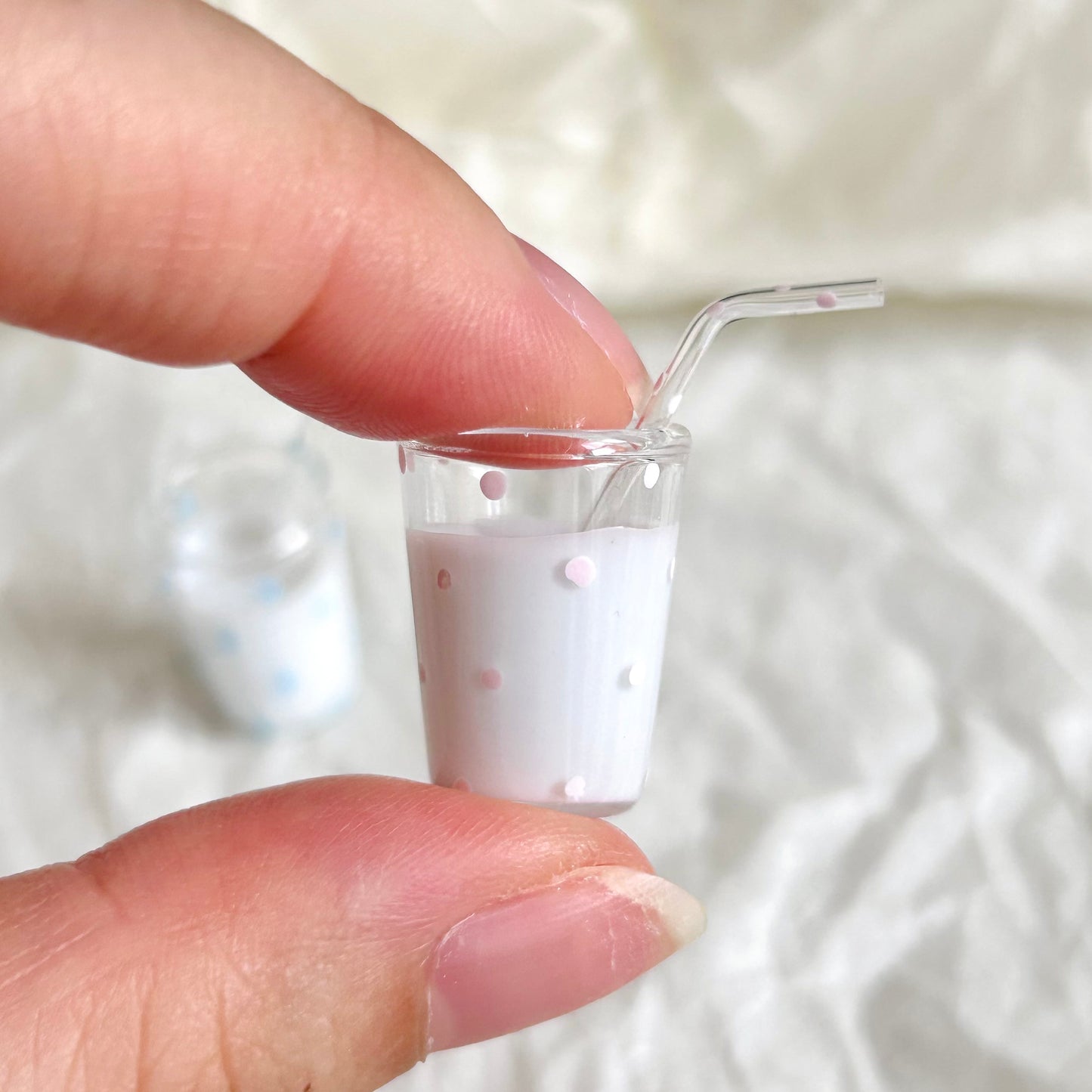 realistic miniature milk glass with hand-painted polka dot details