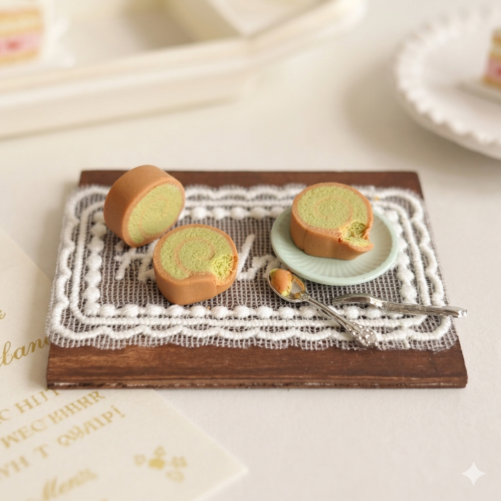 Handmade Mini Swiss Roll Dessert Set – Polymer Clay Scene (Matcha / Original Flavor)