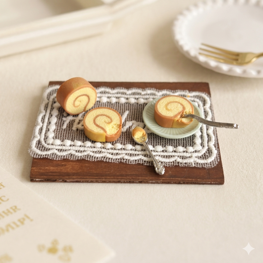 Handmade Mini Swiss Roll Dessert Set – Polymer Clay Scene (Matcha / Original Flavor)