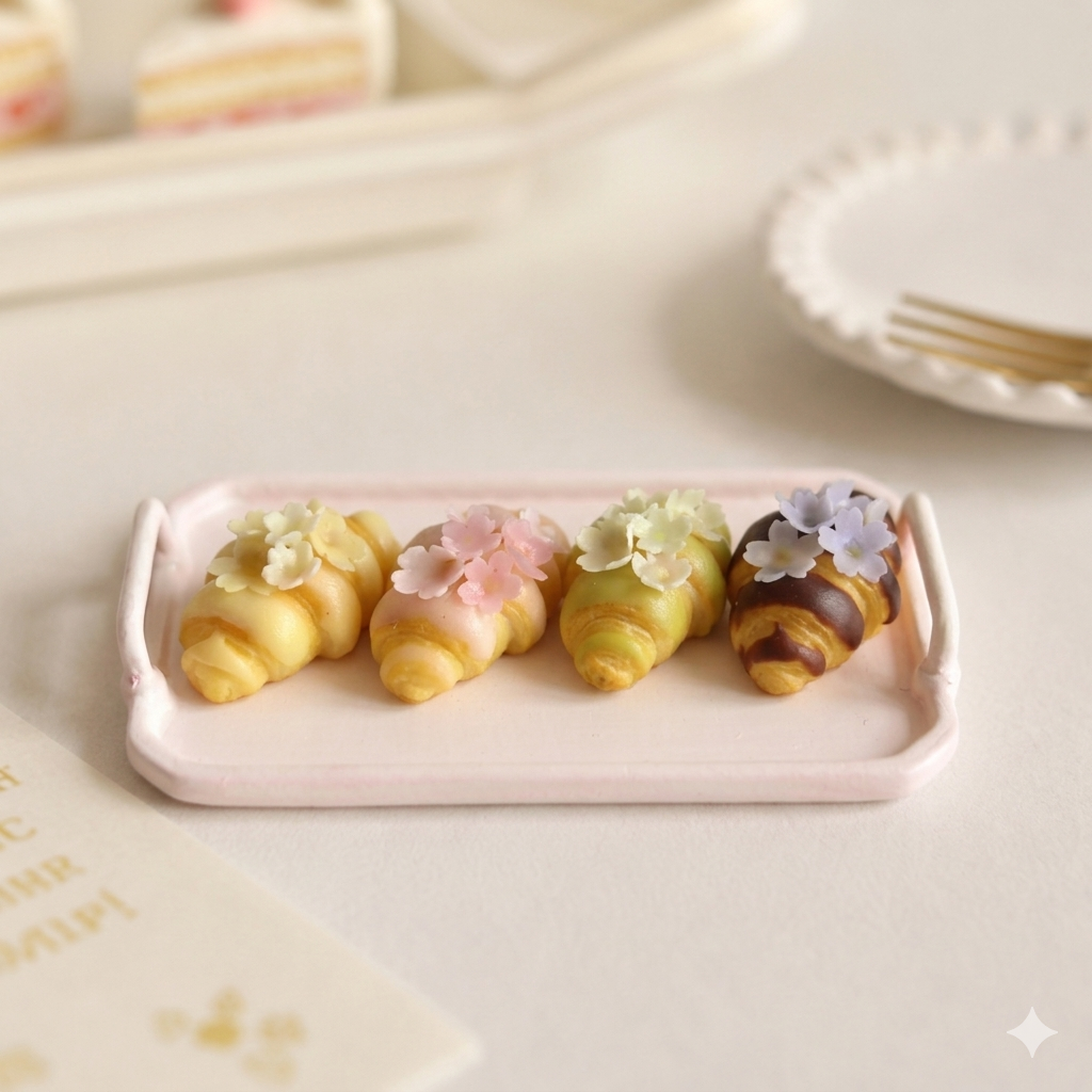 Mini Handmade Croissant Charm with Jam &amp; Sakura Flowers