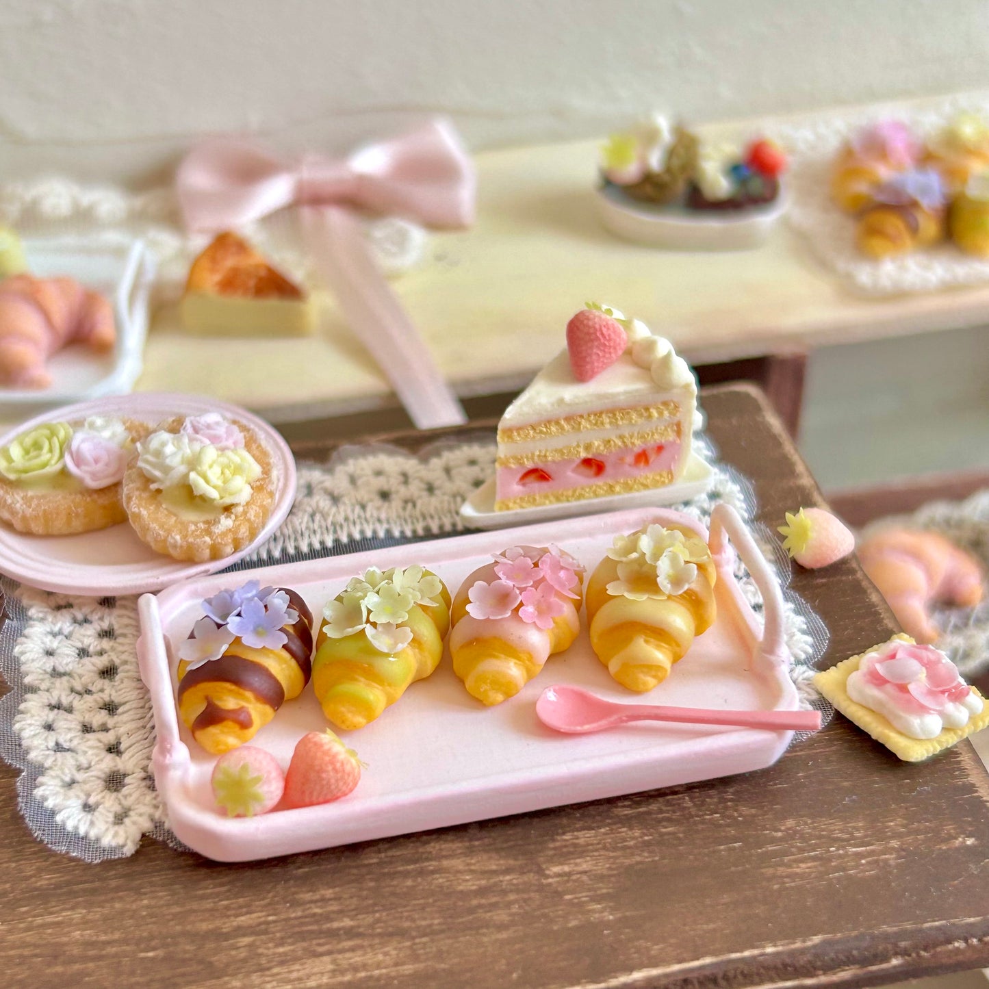 Mini Handmade Croissant Charm with Jam &amp; Sakura Flowers