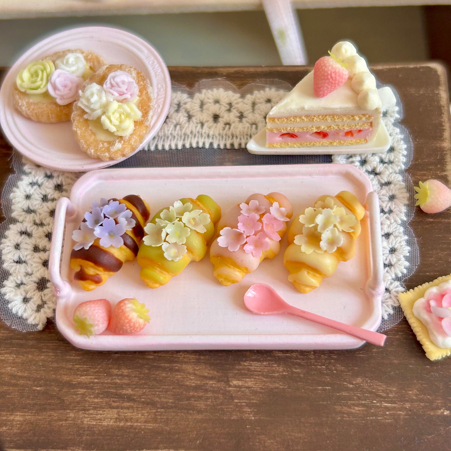 Mini Handmade Croissant Charm with Jam &amp; Sakura Flowers