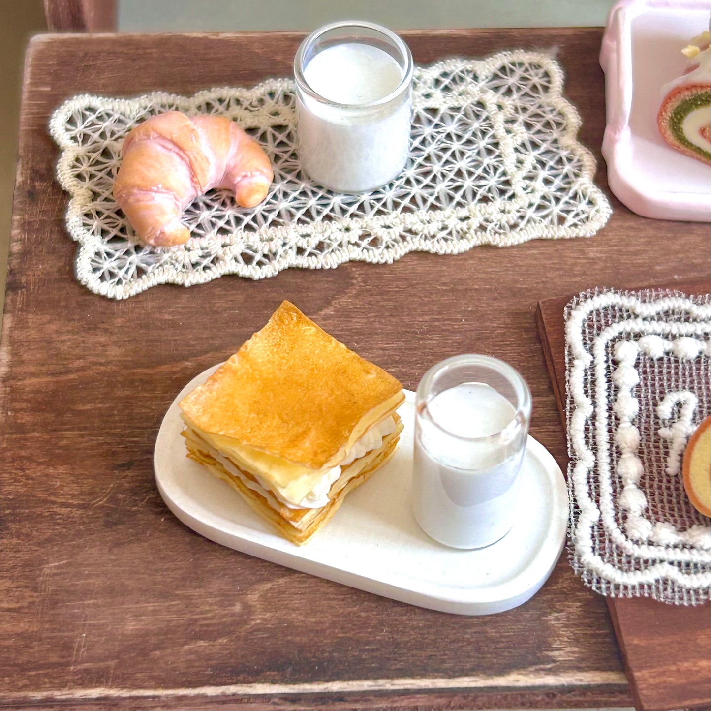 Mini Mille-Feuille Dessert Set with Milk – Handmade Resin Clay Pastry