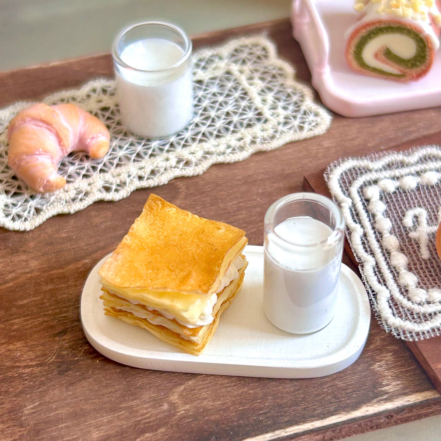 Mini Mille-Feuille Dessert Set with Milk – Handmade Resin Clay Pastry
