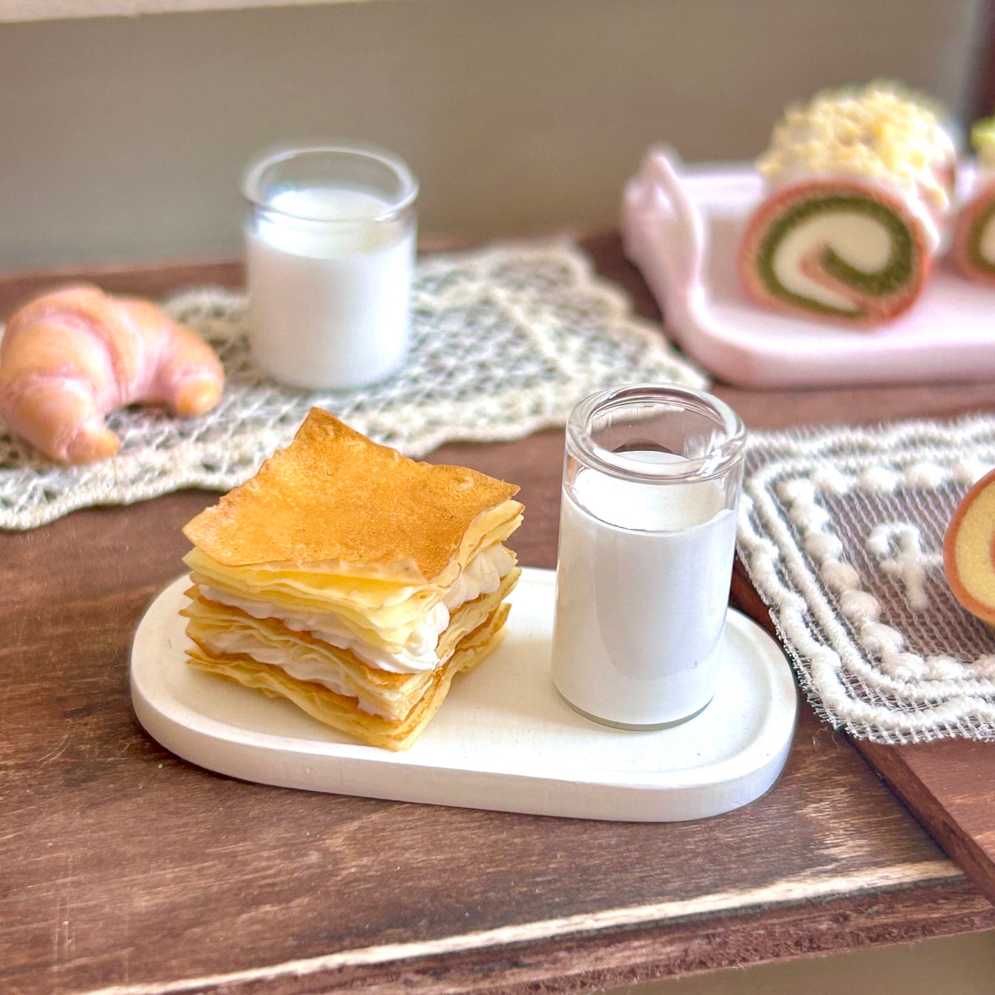 Mini Mille-Feuille Dessert Set with Milk – Handmade Resin Clay Pastry