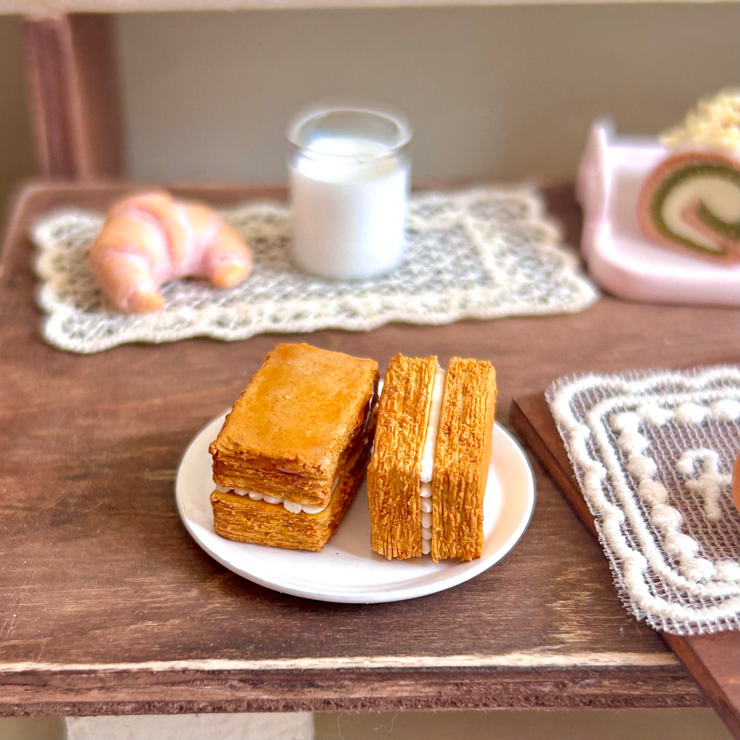 Handmade Mini Caramel Mille-Feuille Cookie – Polymer Clay Cream Dessert Sculpture