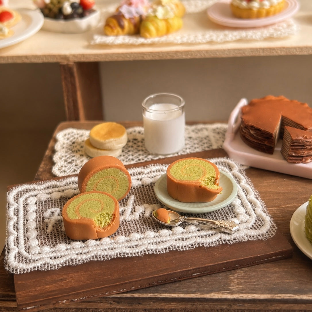 Handmade Mini Swiss Roll Dessert Set – Polymer Clay Scene (Matcha / Original Flavor)
