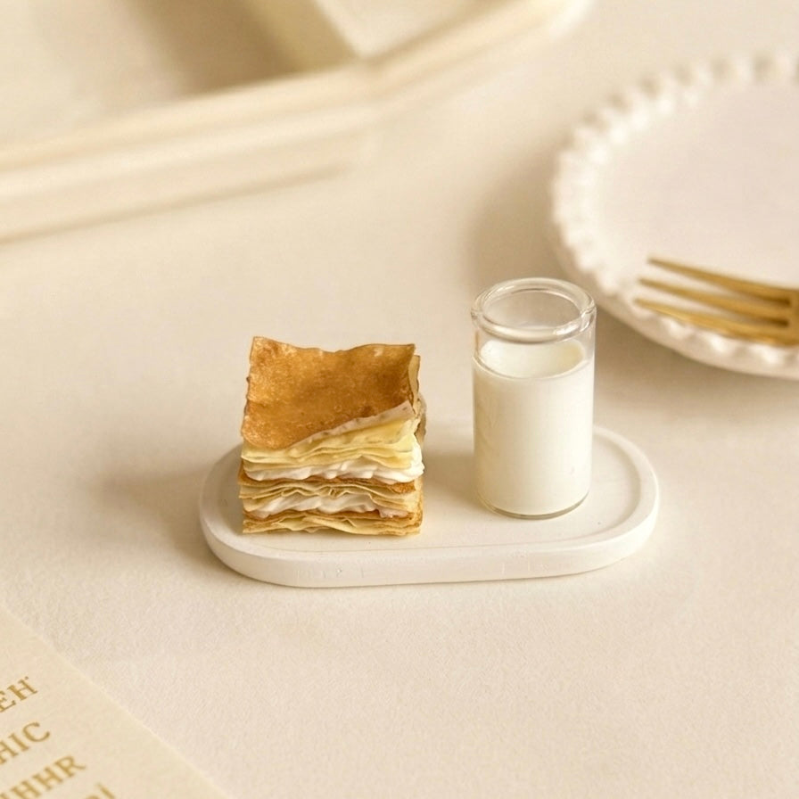 Mini Mille-Feuille Dessert Set with Milk – Handmade Resin Clay Pastry