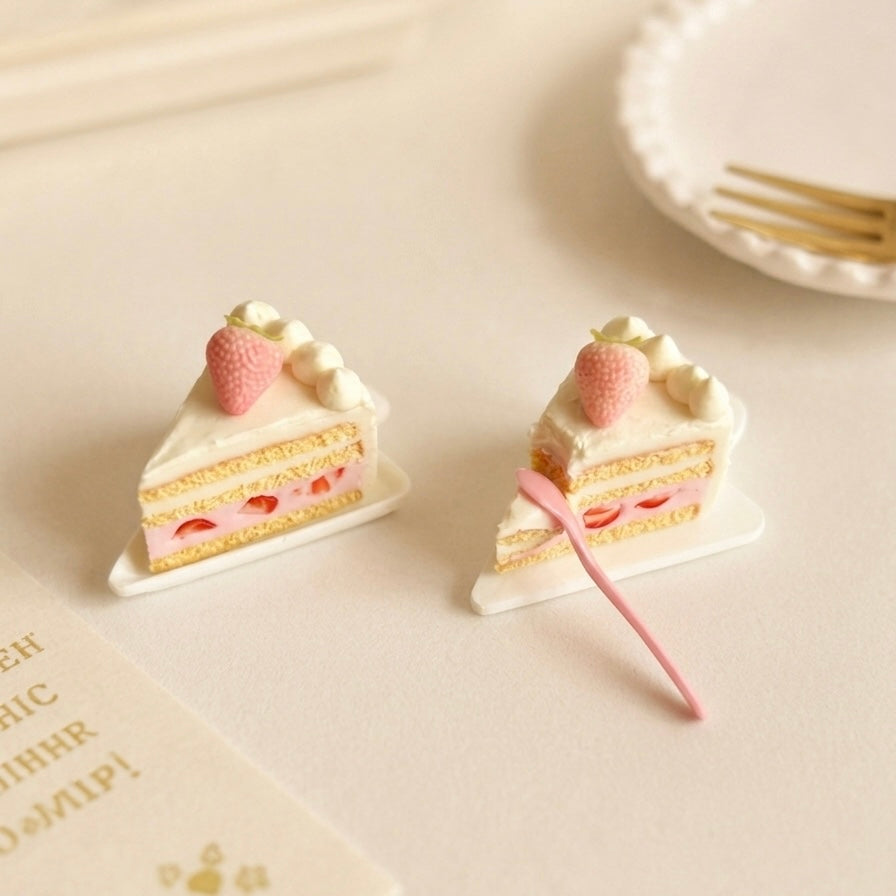 Handmade Mini Strawberry Cake Dessert Set – Polymer Clay Miniature Scene with 3D Printed Trays