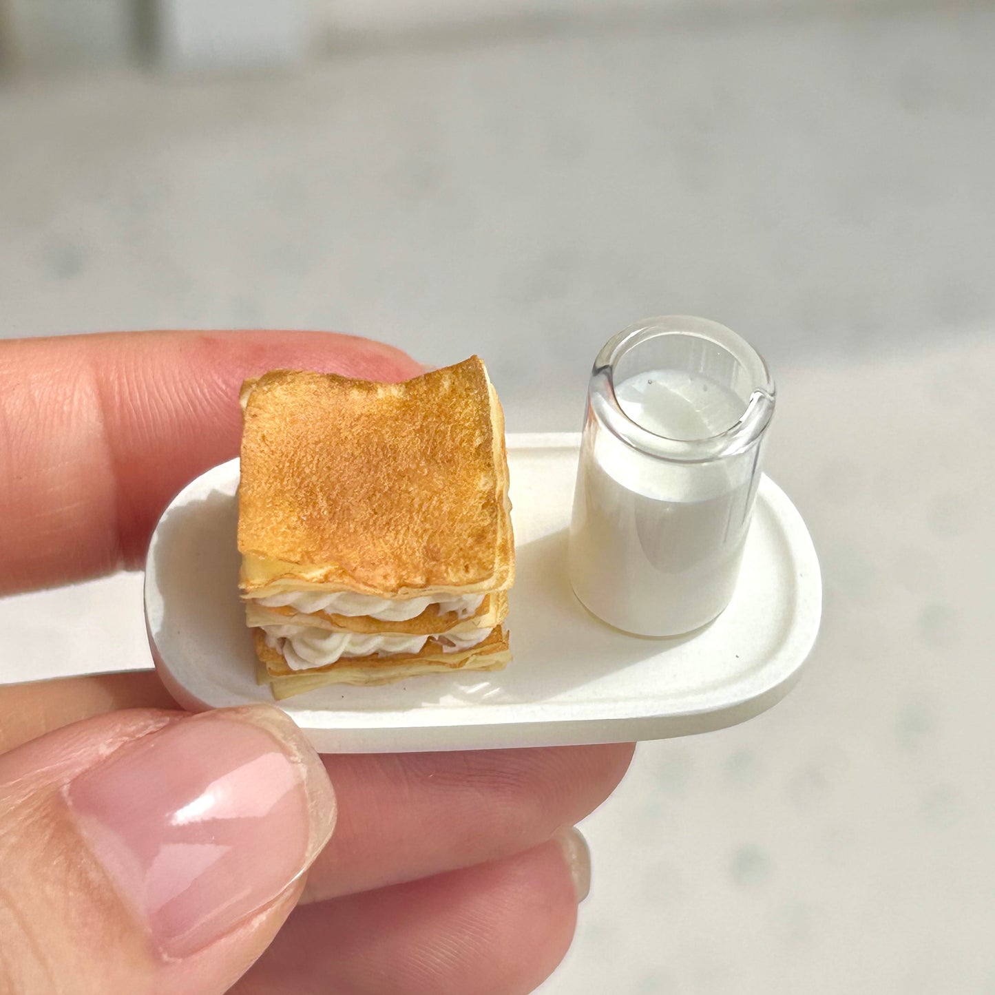 Mini Mille-Feuille Dessert Set with Milk – Handmade Resin Clay Pastry