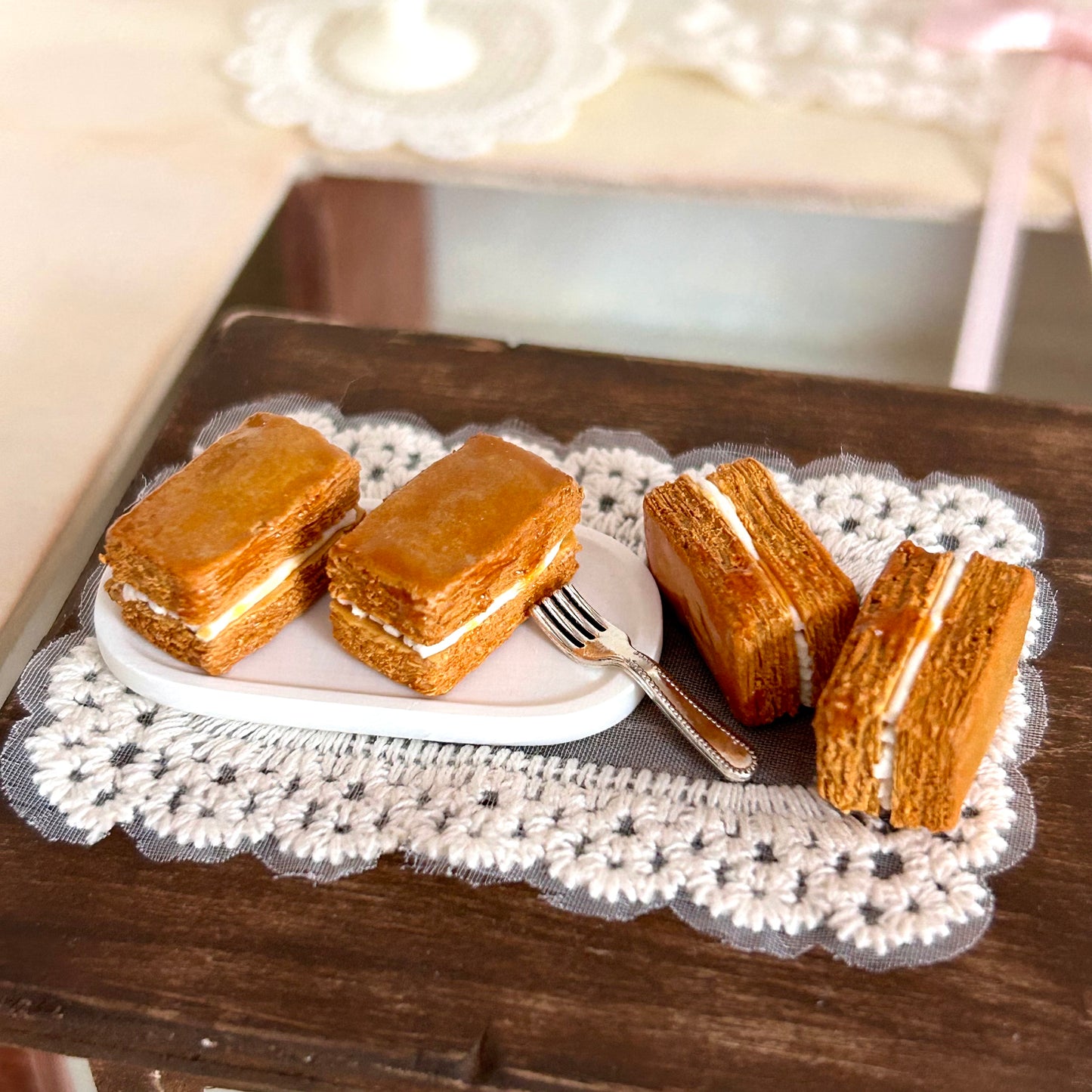 Handmade Mini Caramel Mille-Feuille Cookie – Polymer Clay Cream Dessert Sculpture