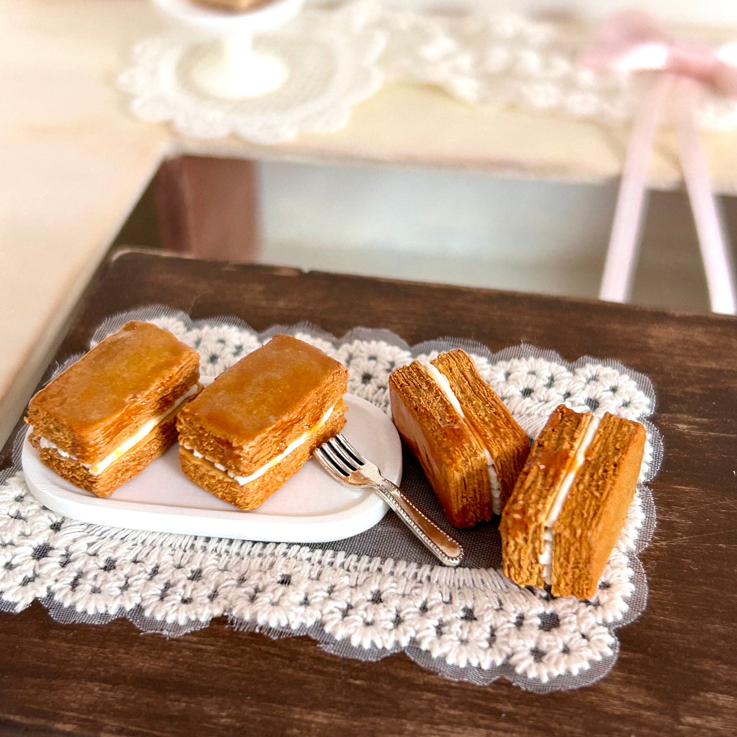 Handmade Mini Caramel Mille-Feuille Cookie – Polymer Clay Cream Dessert Sculpture