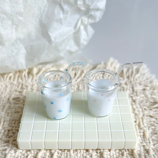 handmade miniature milk glass with blue or pink polka dots