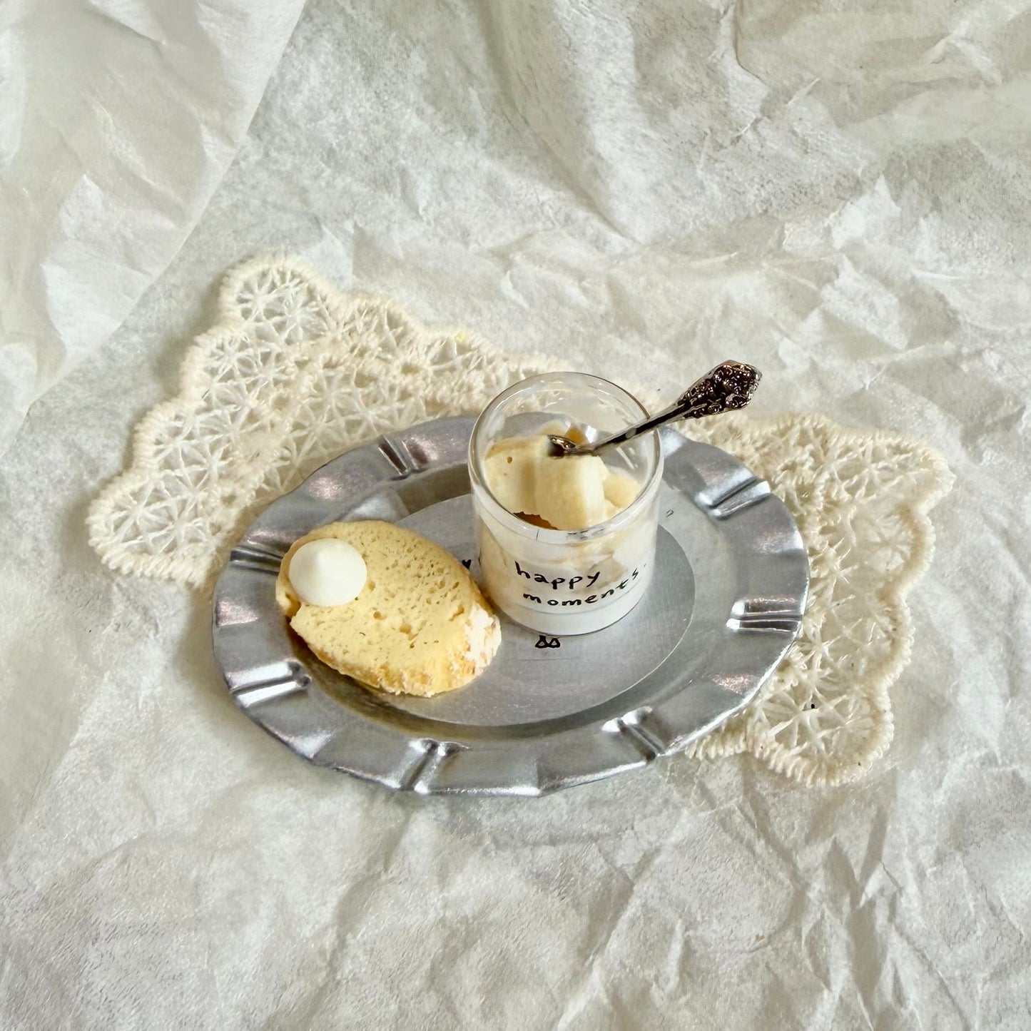 handmade miniature condensed milk bread and toast set with glass cup