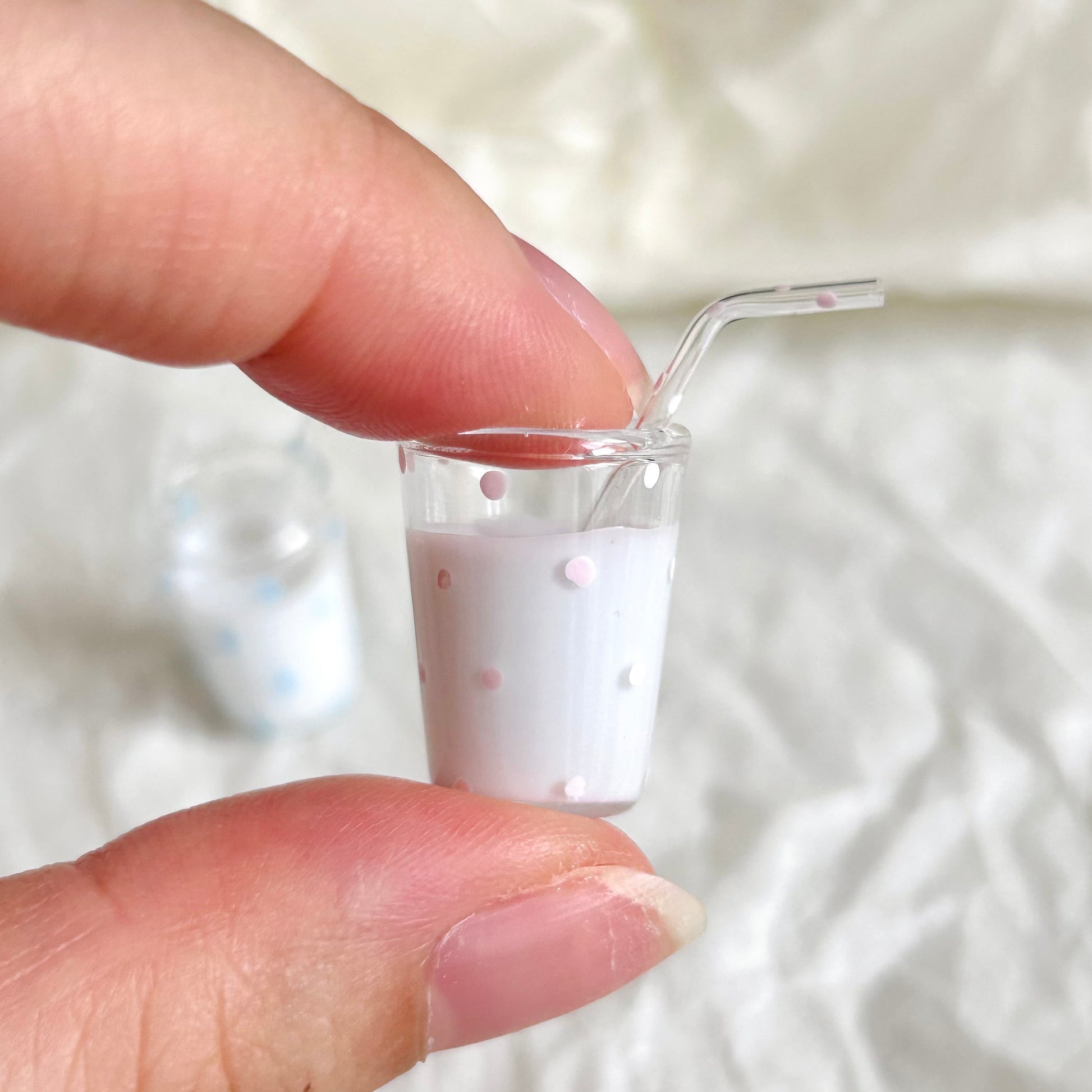 realistic miniature milk glass with hand-painted polka dot details
