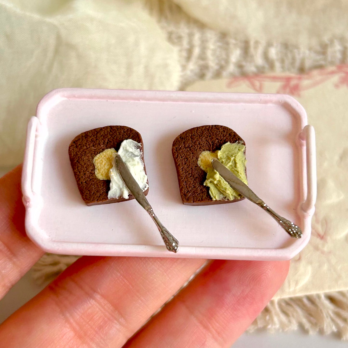 miniature chocolate pound cake slice with decorative center pattern