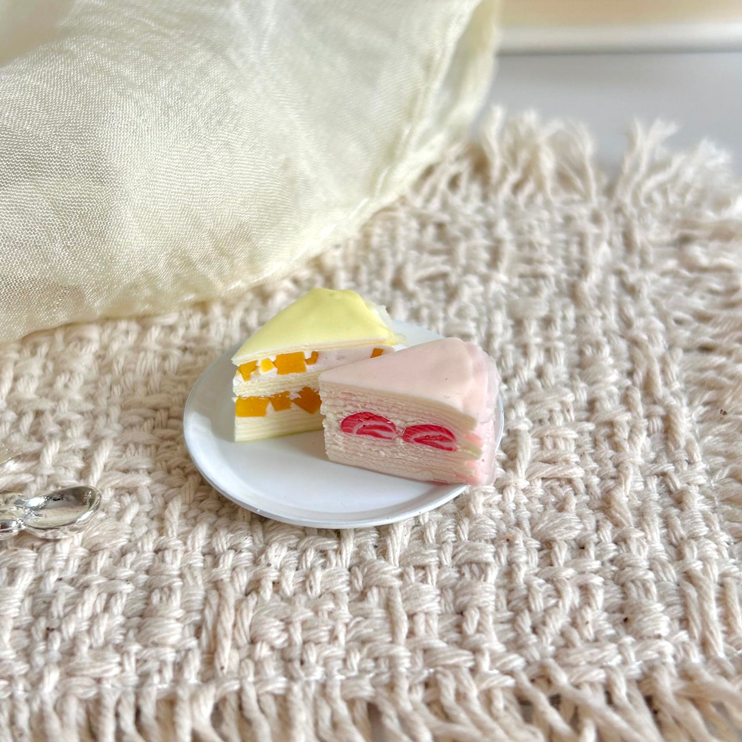 handmade miniature mango and strawberry mille crepe cake slices